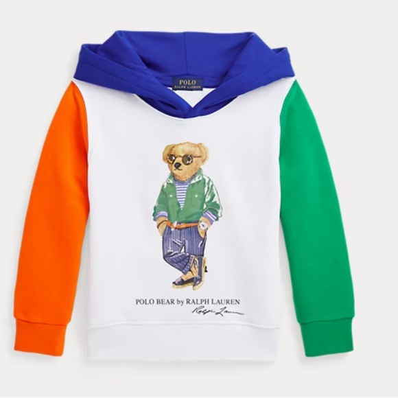 Ralph Lauren Polo Bear 🐻 White Multi Colored Block Fleece Hoodie